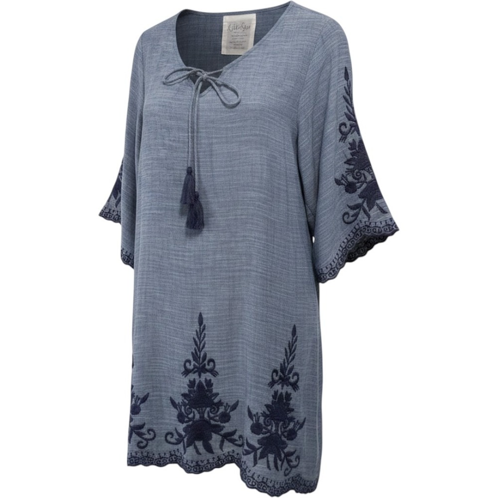 Kyla Seo Embroidered Blue Cotton Coverup Kaftan Tassel Tie‎ Boho Small